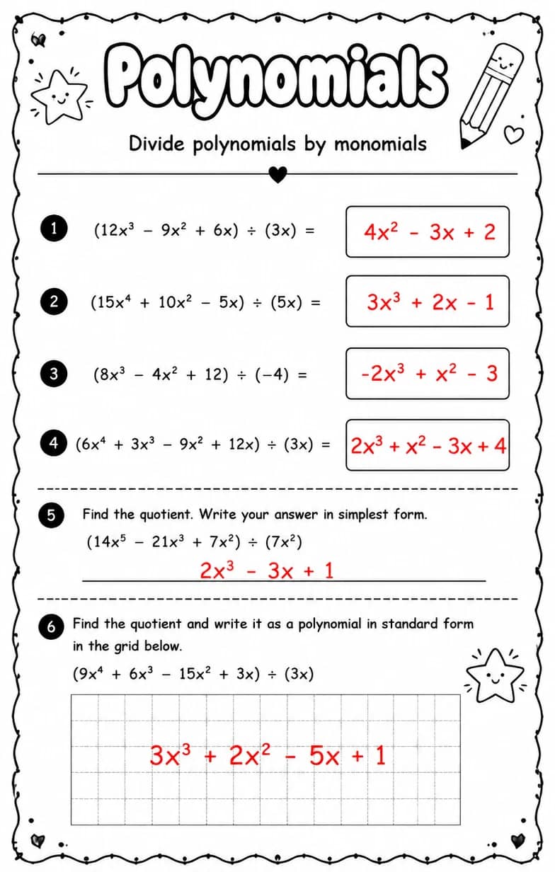 Answer key for Divide polynomials by monomials — free printable Math worksheet