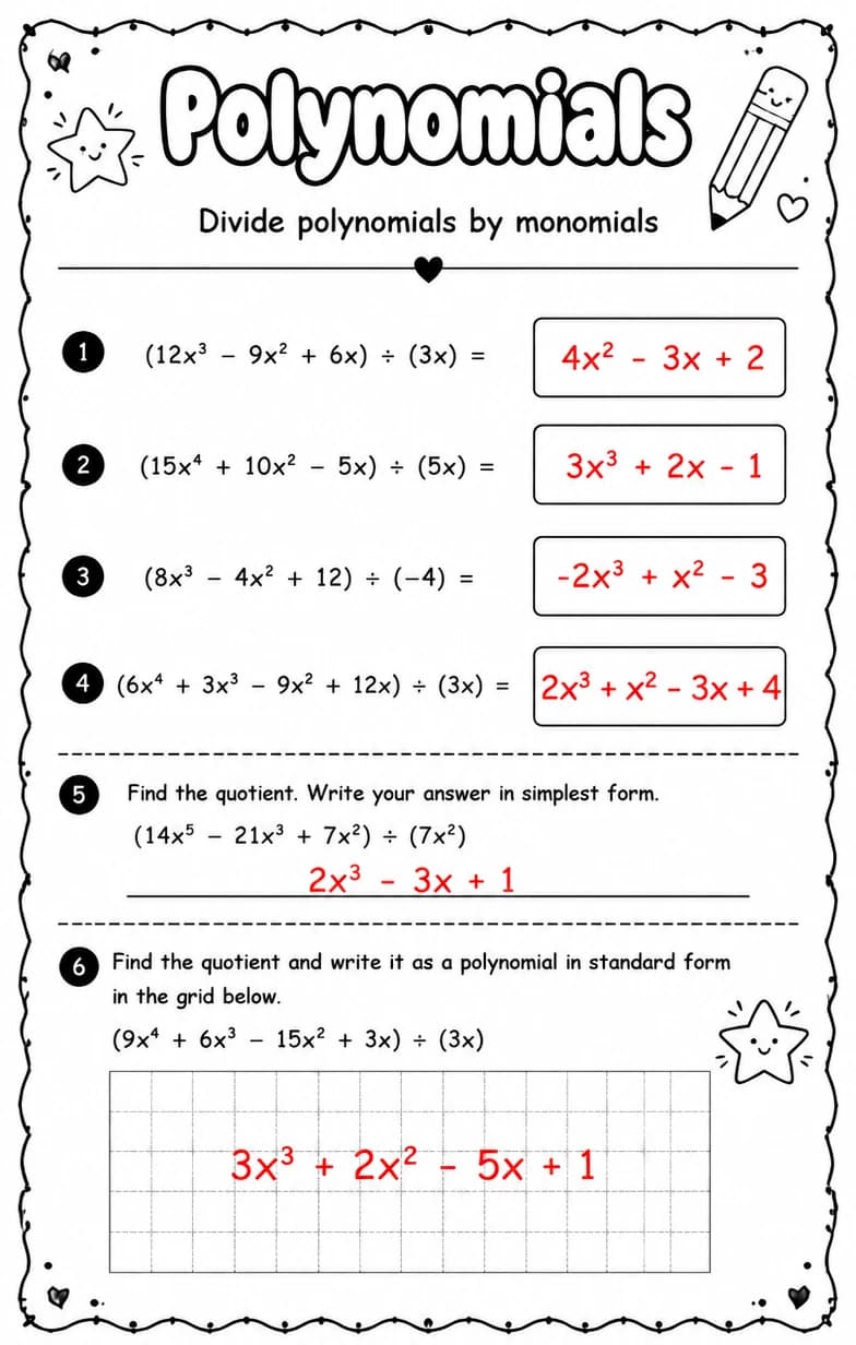 Answer key for Divide polynomials by monomials — free printable Math worksheet