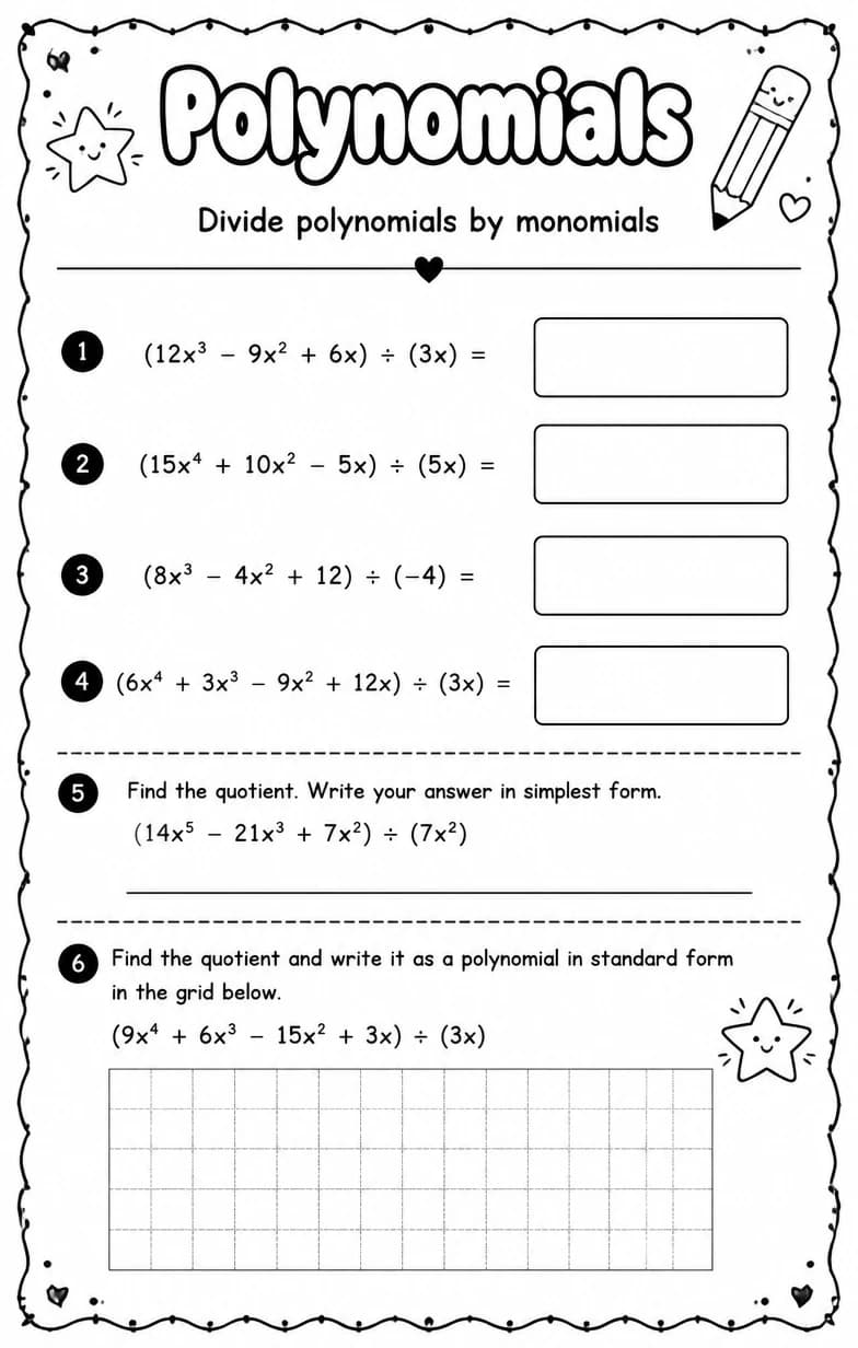 Divide polynomials by monomials — free printable Algebra 1 math worksheet