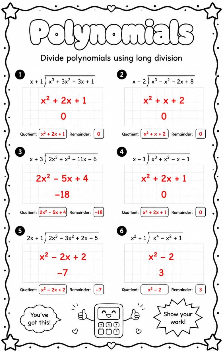 Answer key for Divide polynomials using long division — free printable Math worksheet