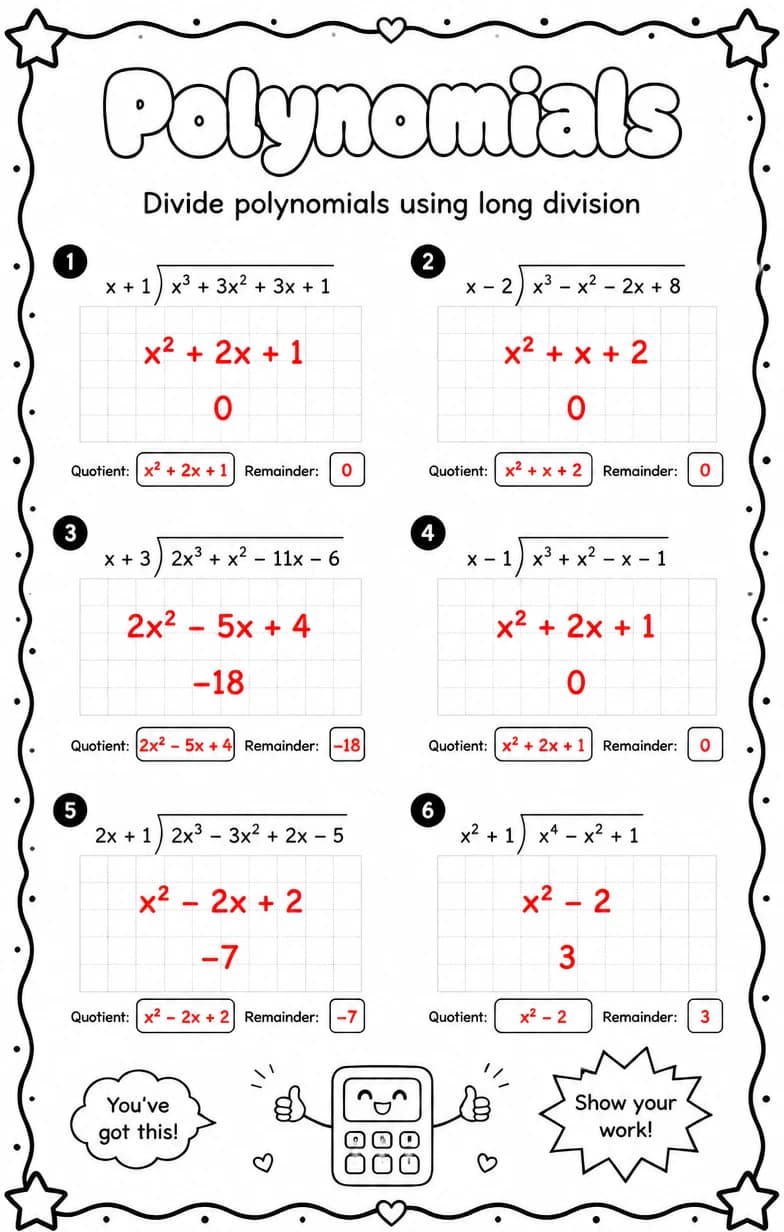 Answer key for Divide polynomials using long division — free printable Math worksheet