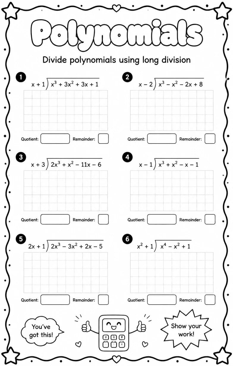 Divide polynomials using long division — free printable High School Math worksheet