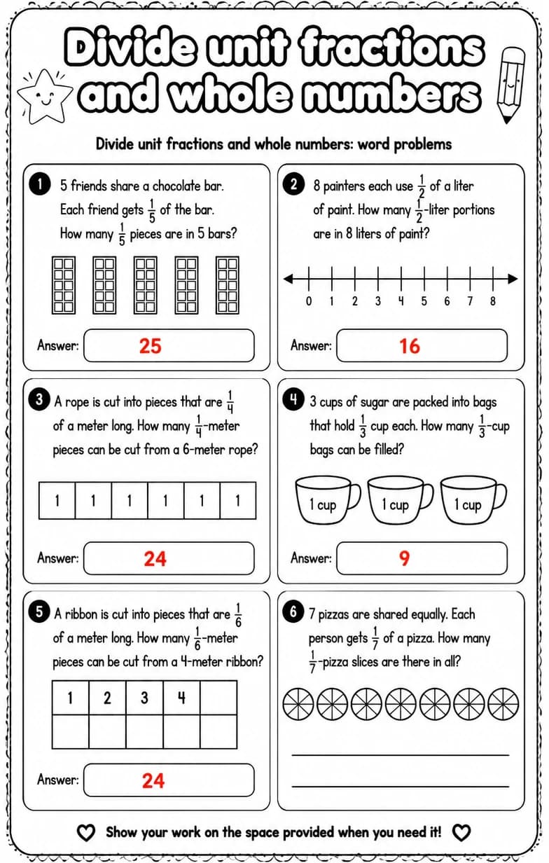 Answer key for Divide unit fractions and whole numbers: word problems — free printable Math worksheet