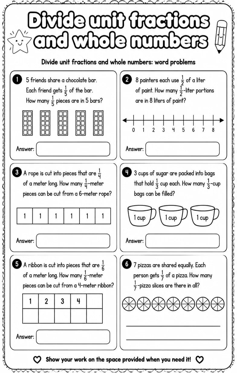 Divide unit fractions and whole numbers: word problems — free printable Grade 5 math worksheet