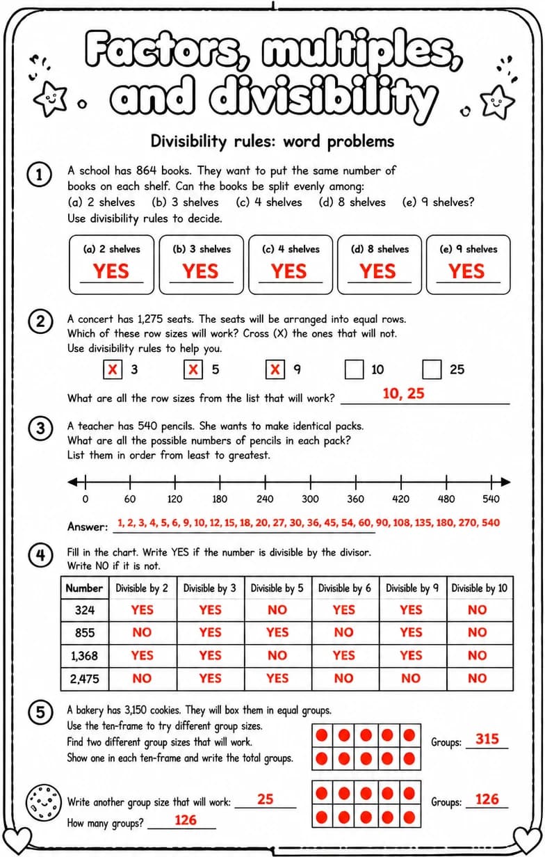 Answer key for Divisibility rules: word problems — free printable Math worksheet