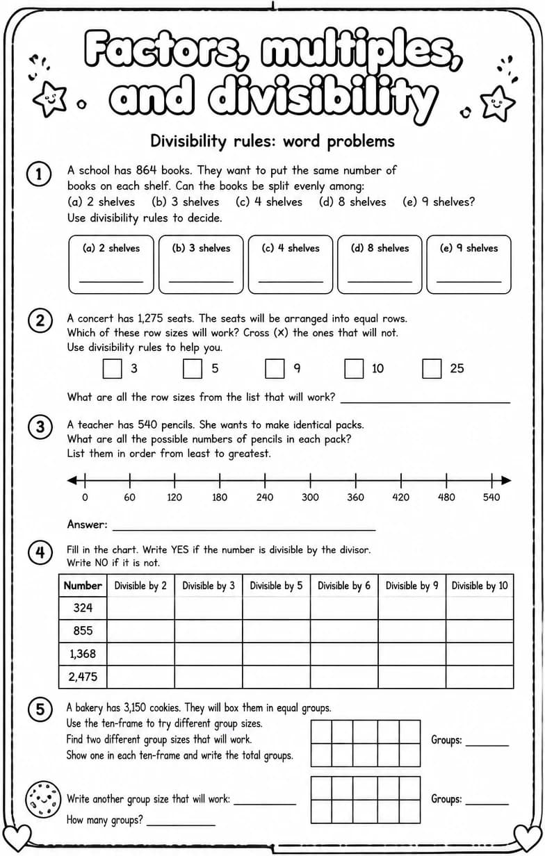 Divisibility rules: word problems — free printable Grade 5 math worksheet