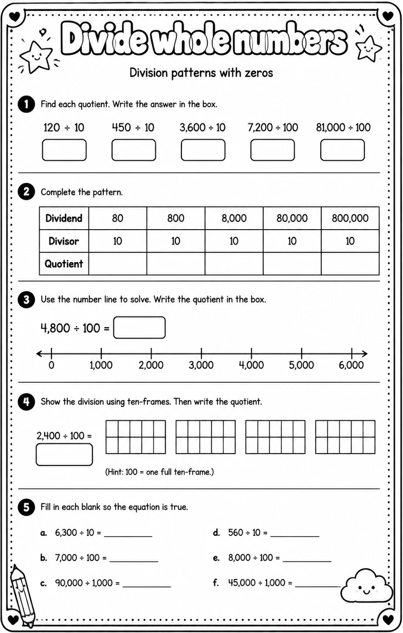 Division patterns with zeros — free printable Grade 6 math worksheet