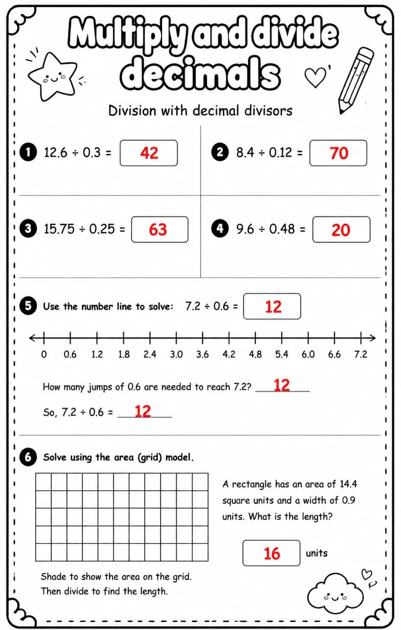 Answer key for Division with decimal divisors — free printable Math worksheet