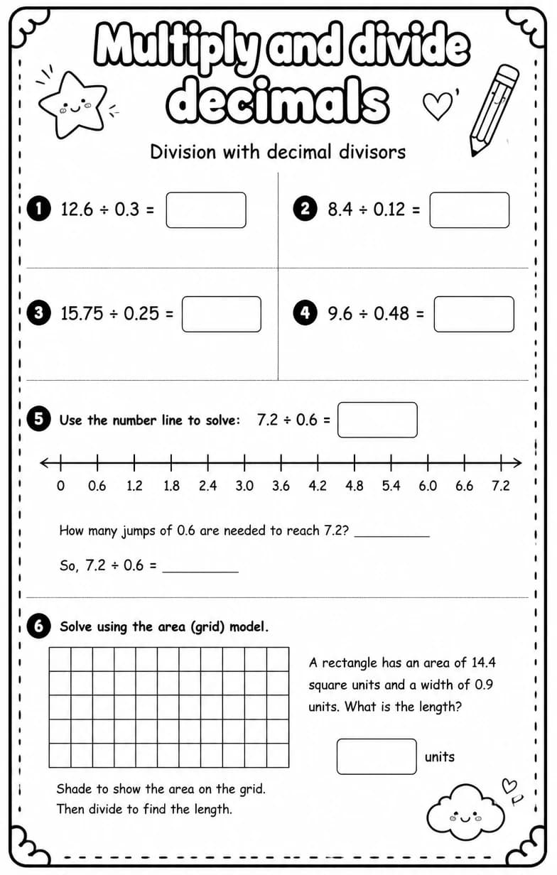 Division with decimal divisors — free printable Grade 6 math worksheet