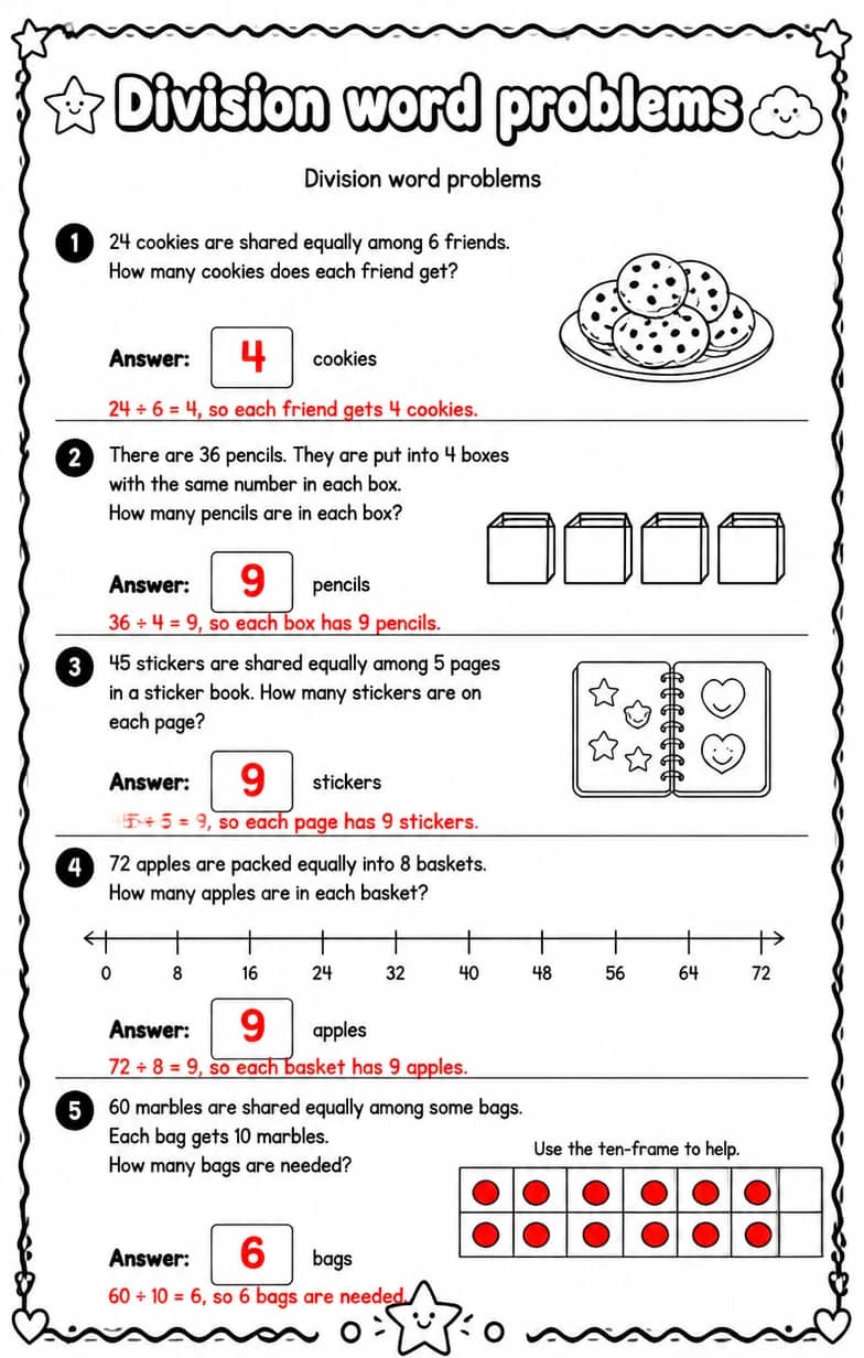Answer key for Division word problems — free printable Math worksheet