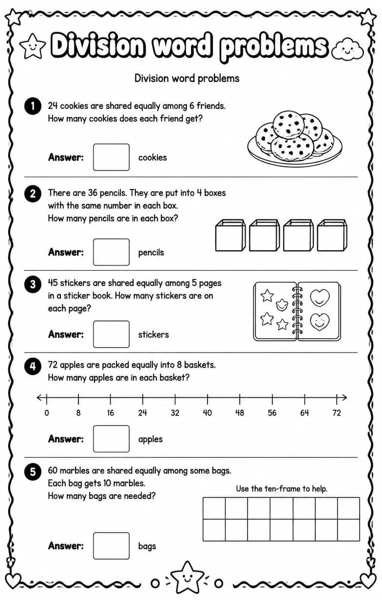 Division word problems — free printable Grade 3 Math worksheet