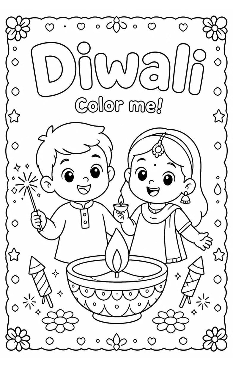 Diwali Coloring Pages — free printable Kindergarten Art worksheet