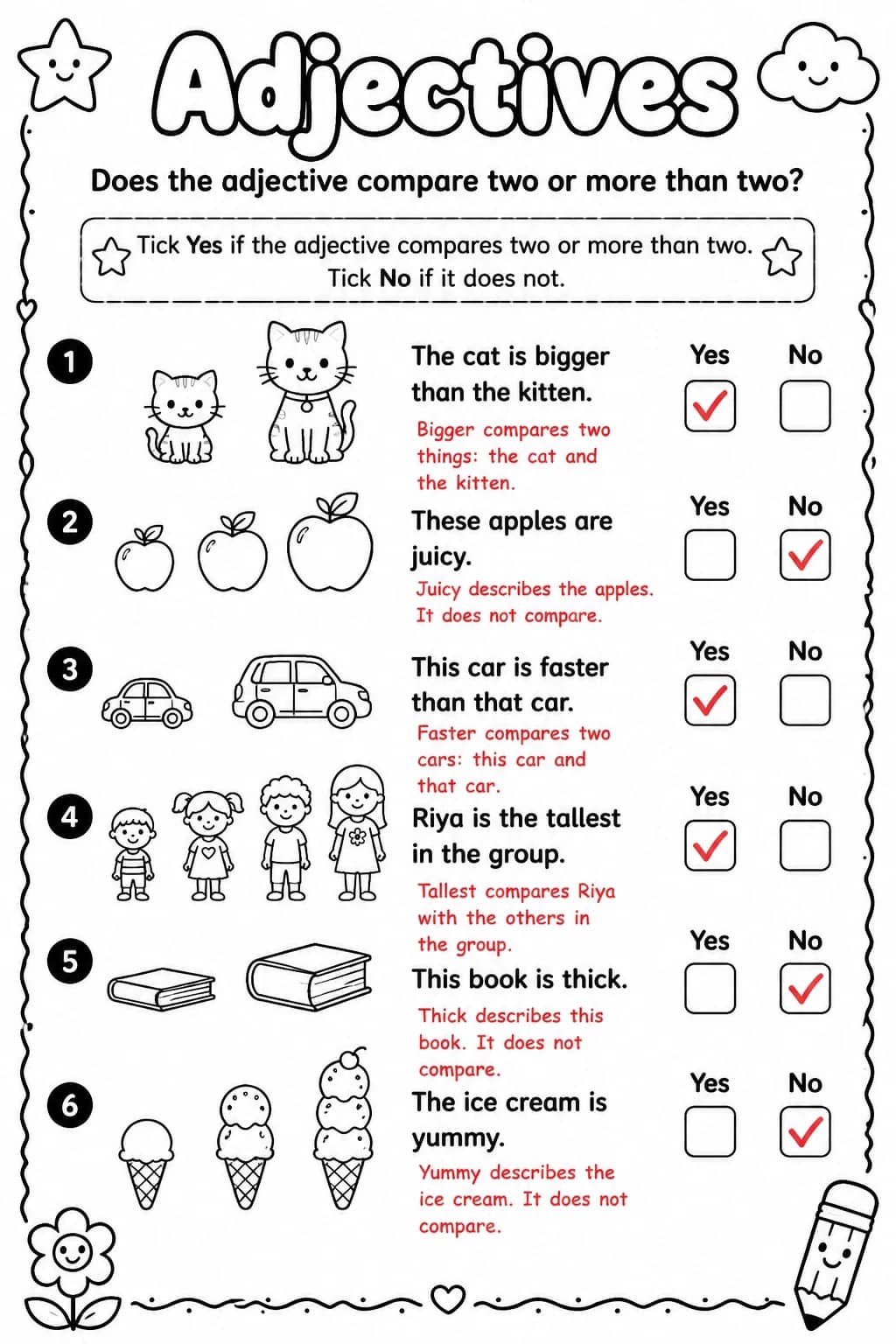 Answer key for Does the adjective compare two or more than two? — free printable English & Reading worksheet