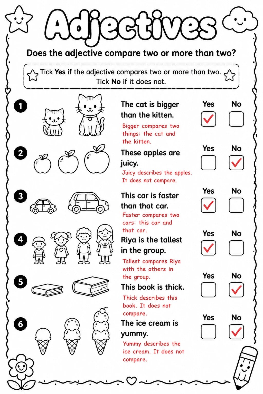 Answer key for Does the adjective compare two or more than two? — free printable English & Reading worksheet