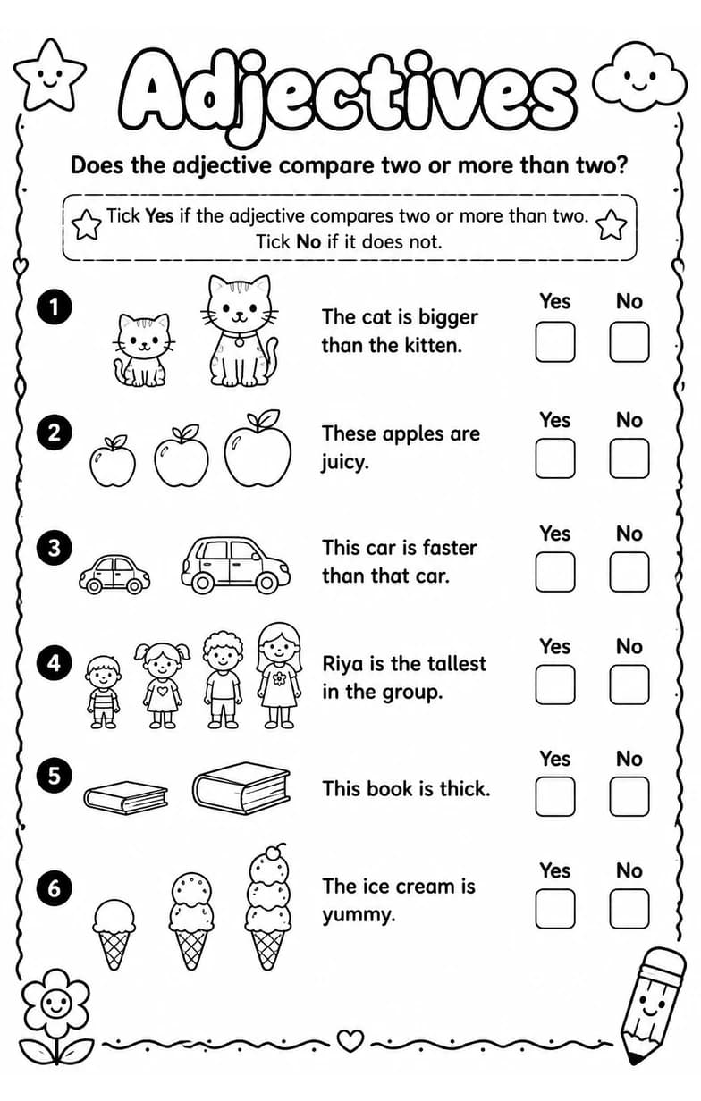 Does the adjective compare two or more than two? — free printable Grade 1 English & Reading worksheet