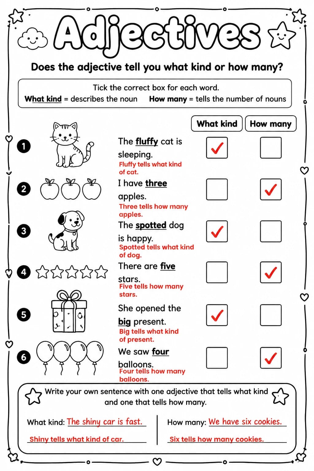 Answer key for Does the adjective tell you what kind or how many? — free printable English & Reading worksheet