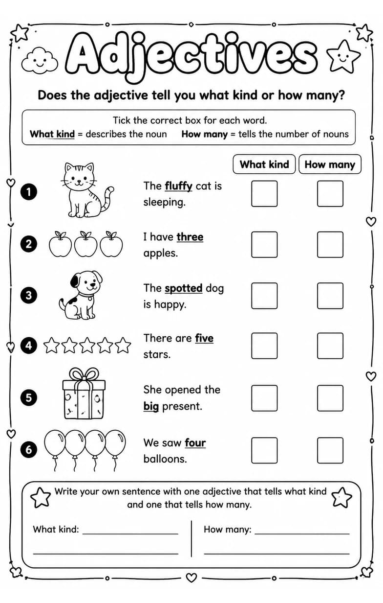 Does the adjective tell you what kind or how many? — free printable Grade 1 English & Reading worksheet