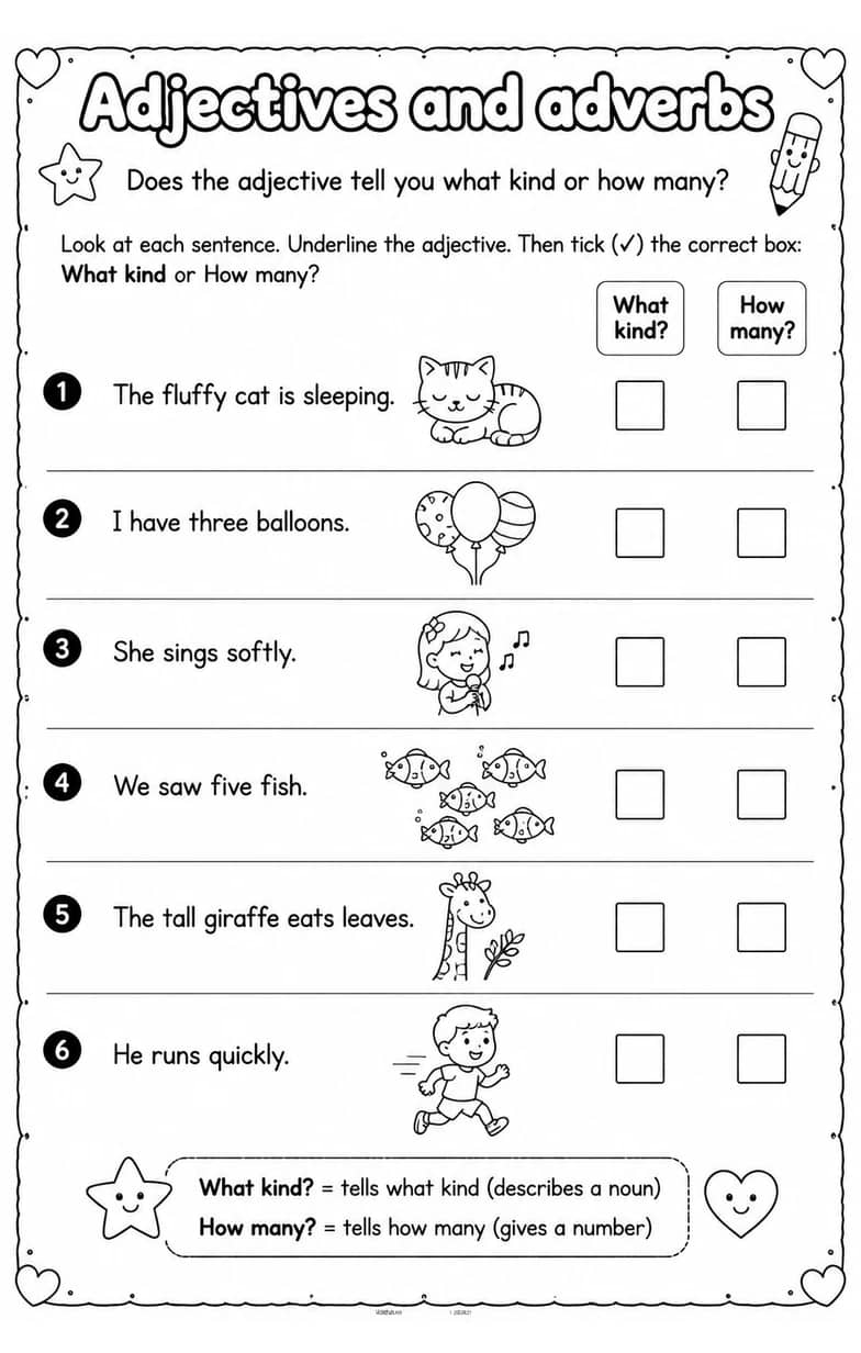 Does the adjective tell you what kind or how many? — free printable Grammar and mechanics English worksheet