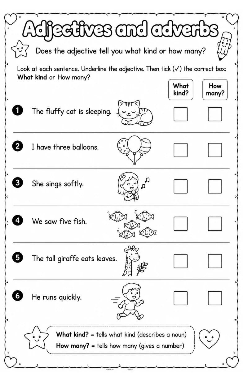 Does the adjective tell you what kind or how many? — free printable Grade 2 English & Reading worksheet