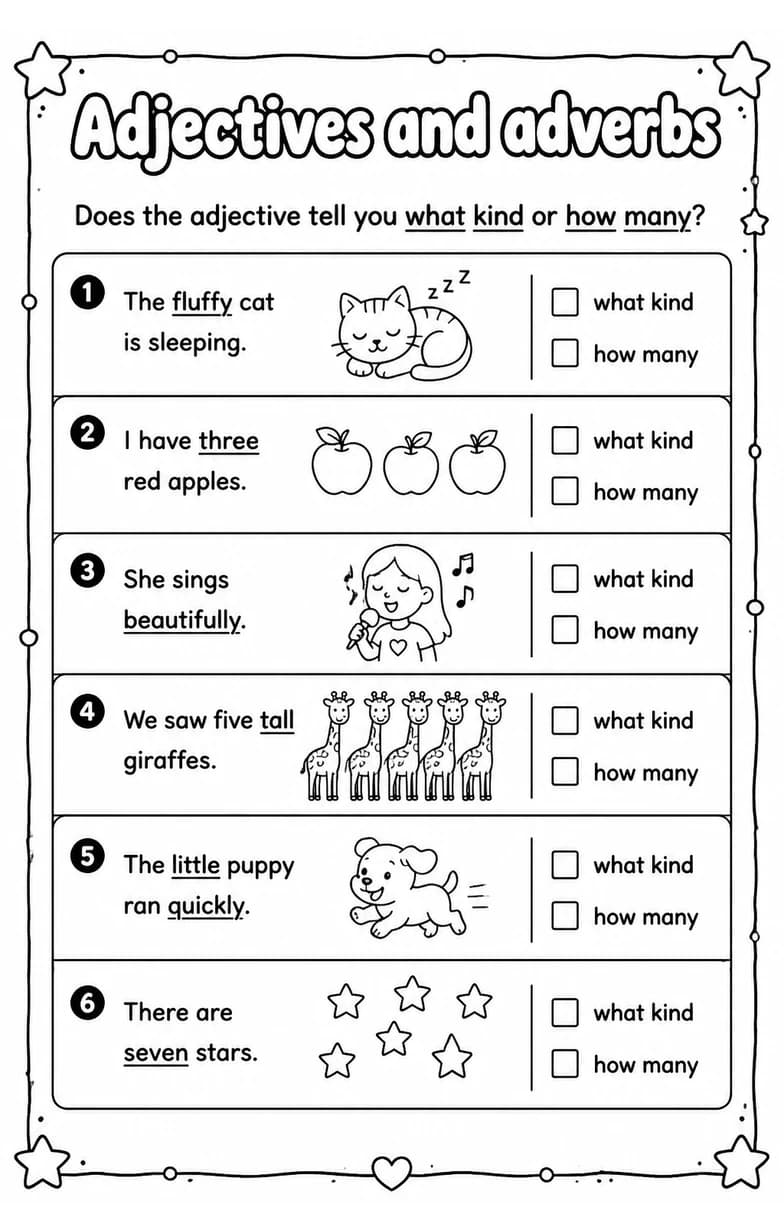 Does the adjective tell you what kind or how many? — free printable Grade 3 English & Reading worksheet