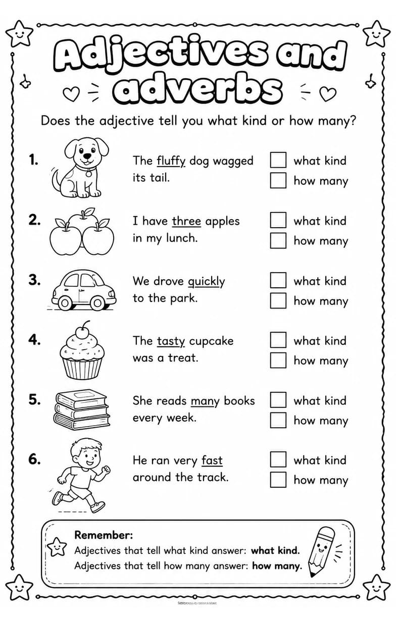 Does the adjective tell you what kind or how many? — free printable Grade 4 English & Reading worksheet