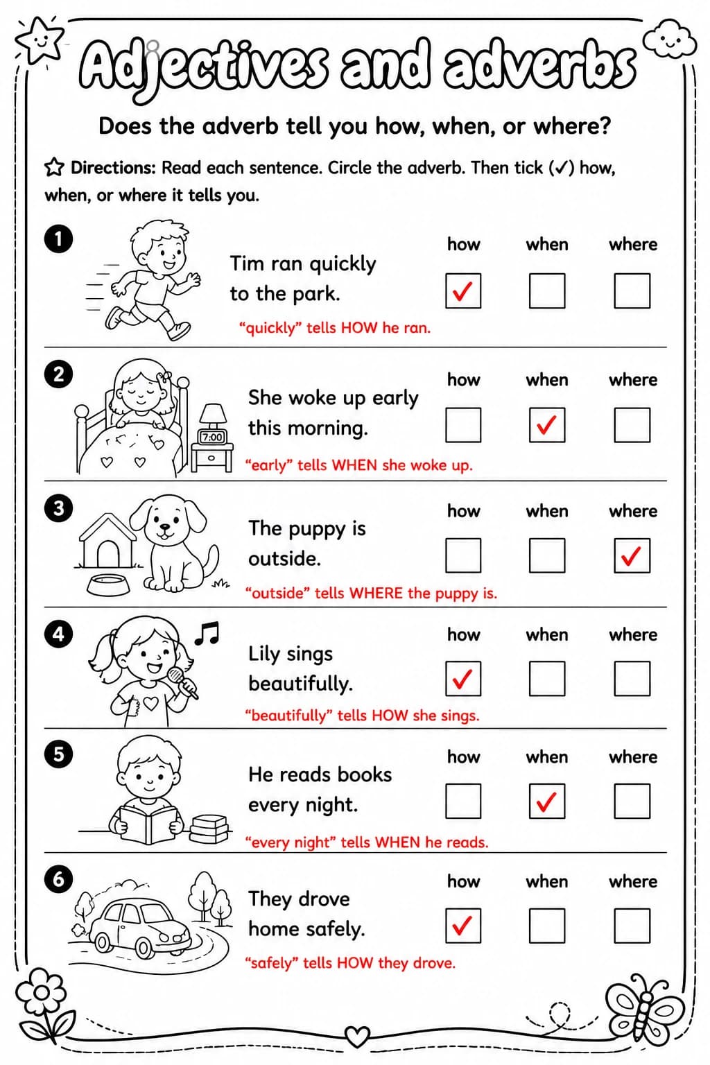 Answer key for Does the adverb tell you how, when, or where? — free printable English & Reading worksheet