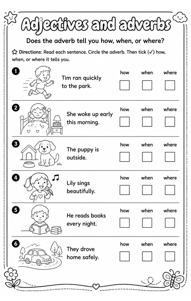 Does the adverb tell you how, when, or where? — free printable Grade 2 English & Reading worksheet