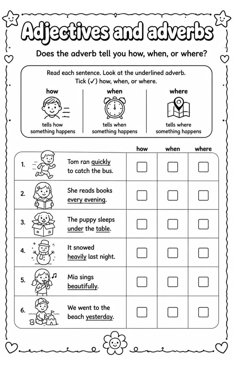 Does the adverb tell you how, when, or where? — free printable Grade 3 English & Reading worksheet
