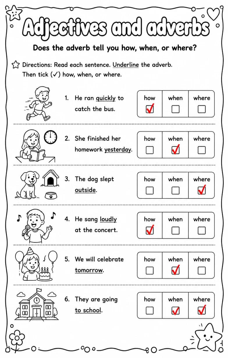 Answer key for Does the adverb tell you how, when, or where? — free printable English & Reading worksheet