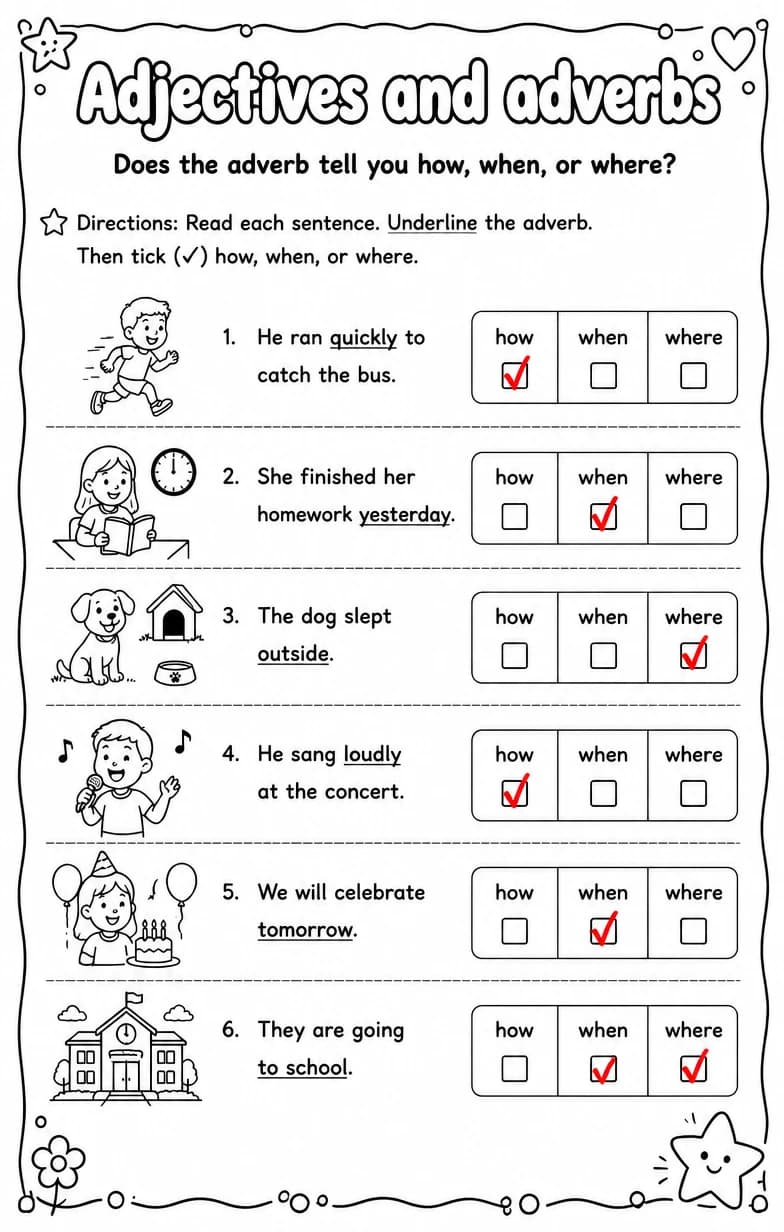 Answer key for Does the adverb tell you how, when, or where? — free printable English & Reading worksheet