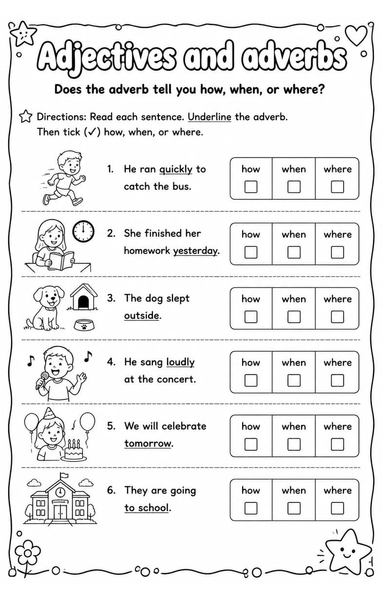 Does the adverb tell you how, when, or where? — free printable Grade 4 English & Reading worksheet