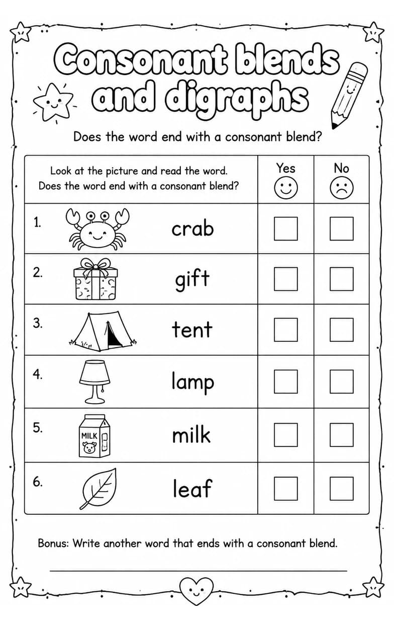 Does the word end with a consonant blend? — free printable Reading foundations English worksheet