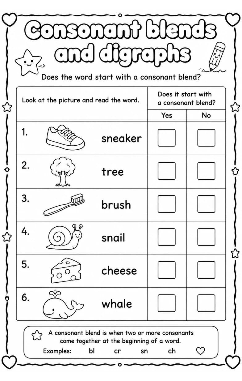 Does the word start with a consonant blend? — free printable Reading foundations English worksheet