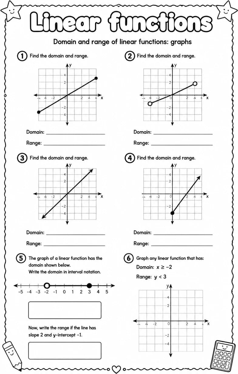 Domain and range of linear functions: graphs — free printable High School Math worksheet