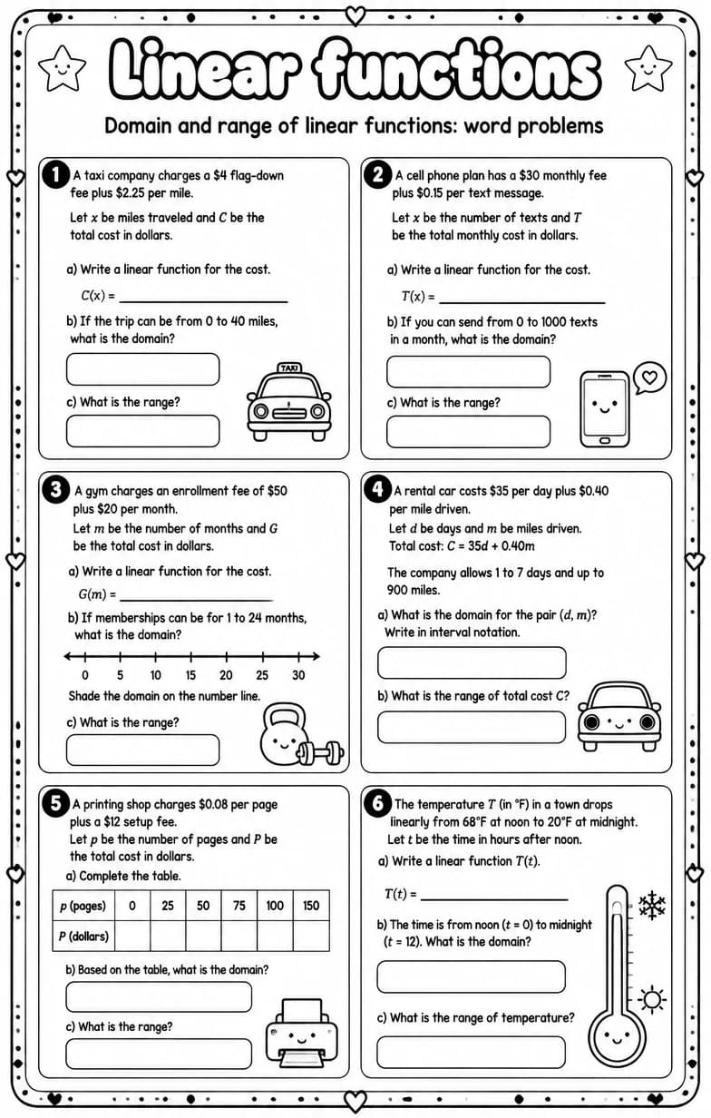 Domain and range of linear functions: word problems — free printable High School Math worksheet