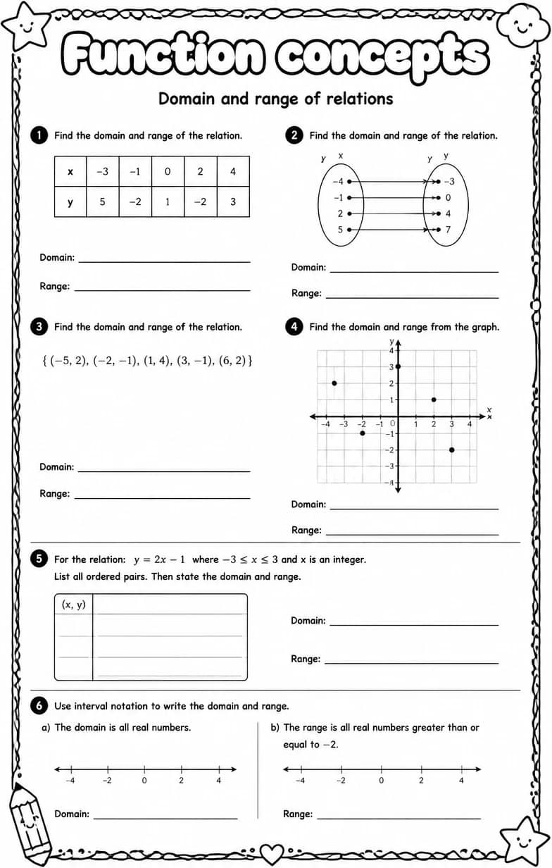 Domain and range of relations — free printable Algebra 1 math worksheet