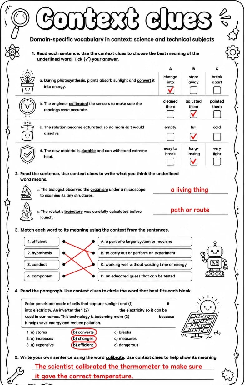 Answer key for Domain-specific vocabulary in context: science and technical subjects — free printable English & Reading worksheet