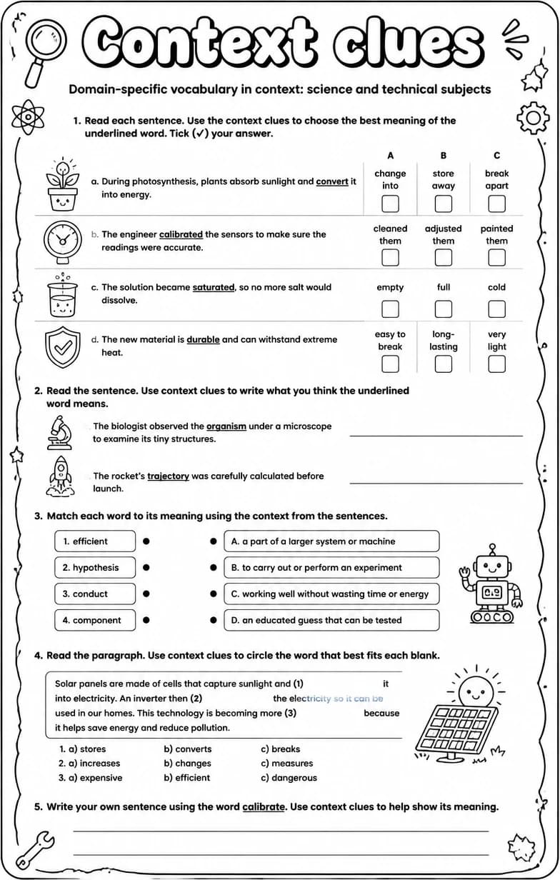Domain-specific vocabulary in context: science and technical subjects — free printable Vocabulary English worksheet