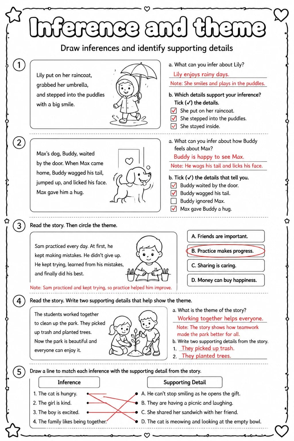 Answer key for Draw inferences and identify supporting details — free printable English & Reading worksheet
