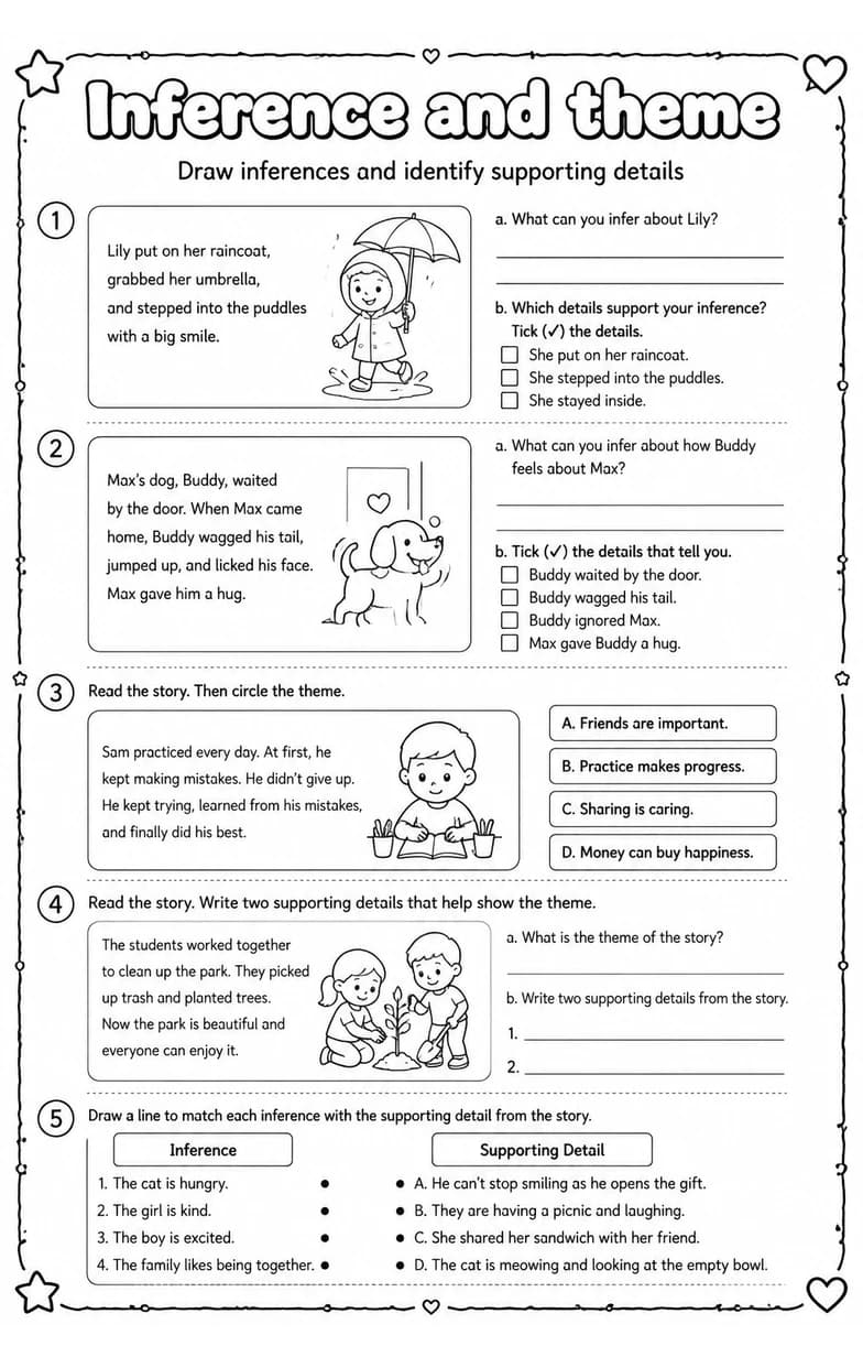 Draw inferences and identify supporting details — free printable Reading strategies English worksheet