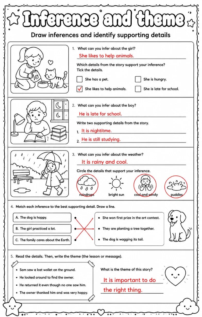 Answer key for Draw inferences and identify supporting details — free printable English & Reading worksheet