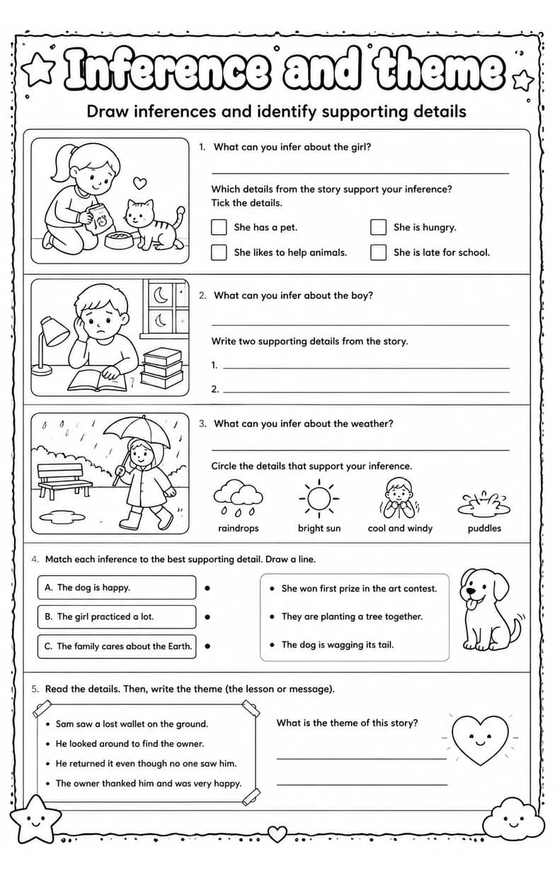 Draw inferences and identify supporting details — free printable Grade 4 English & Reading worksheet