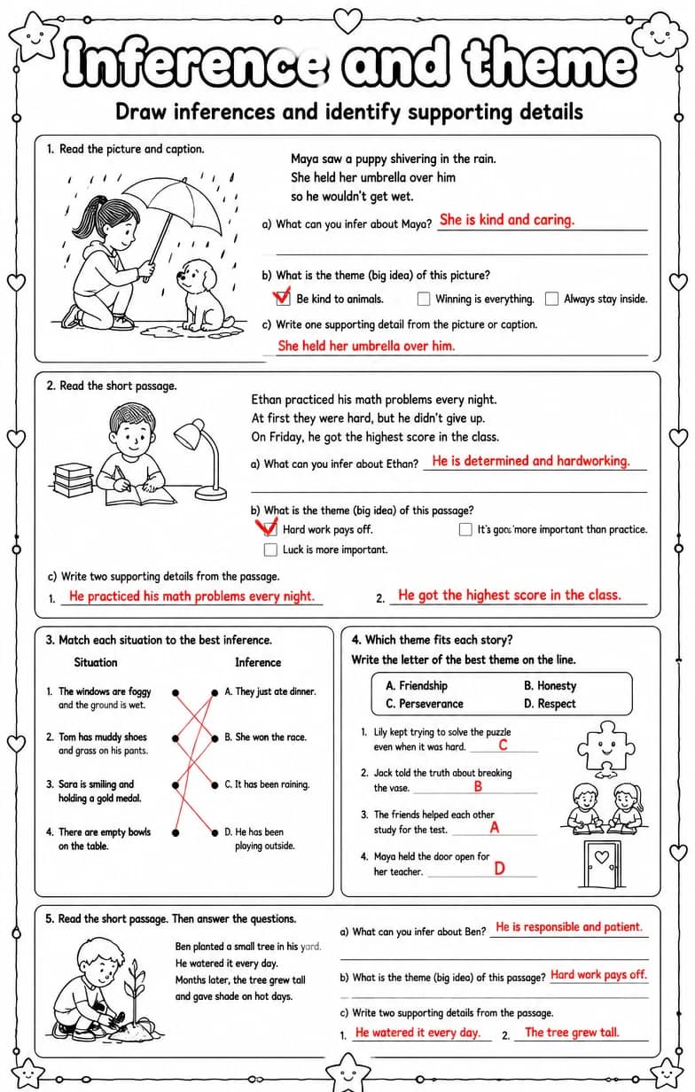 Answer key for Draw inferences and identify supporting details — free printable English & Reading worksheet