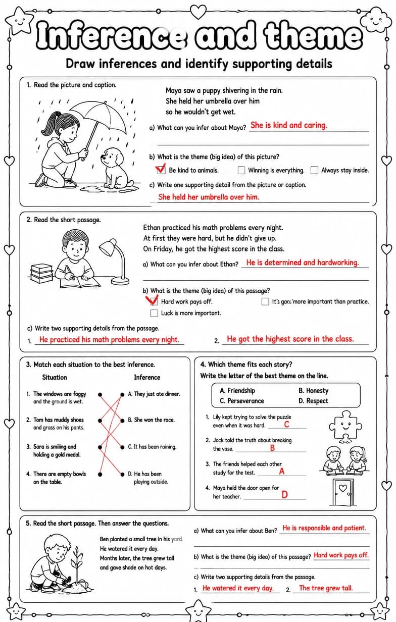 Answer key for Draw inferences and identify supporting details — free printable English & Reading worksheet