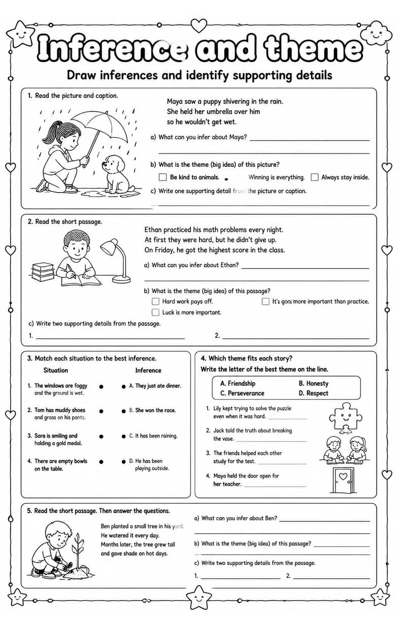 Draw inferences and identify supporting details — free printable Grade 5 English & Reading worksheet