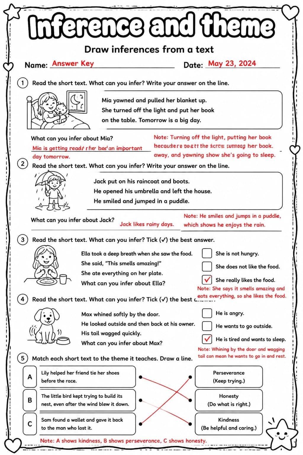 Answer key for Draw inferences from a text — free printable English & Reading worksheet