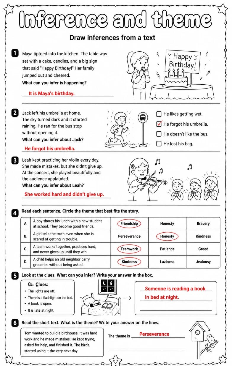 Answer key for Draw inferences from a text — free printable English & Reading worksheet