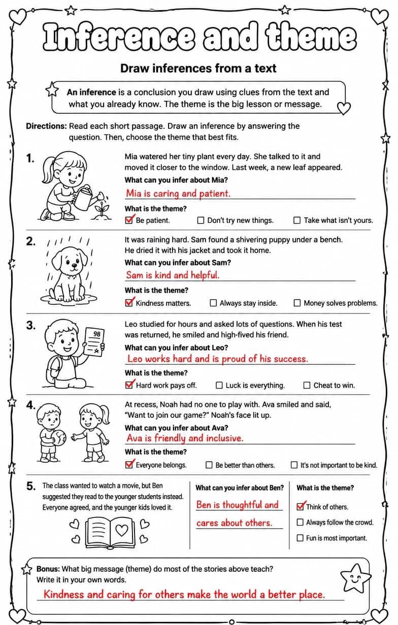 Answer key for Draw inferences from a text — free printable English & Reading worksheet