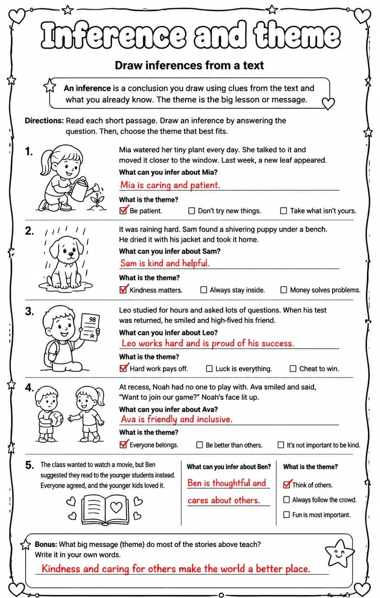 Answer key for Draw inferences from a text — free printable English & Reading worksheet