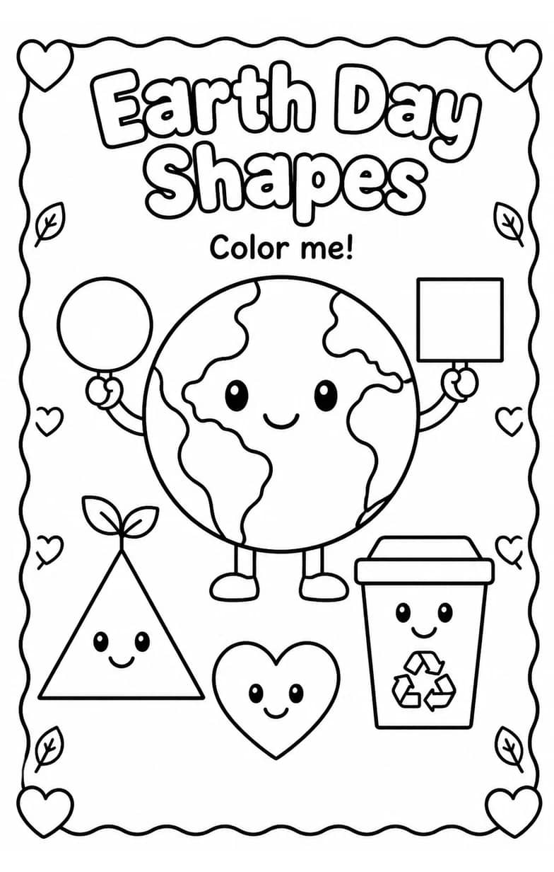Earth Day Shapes Coloring Page — free printable Grade 1 Math worksheet
